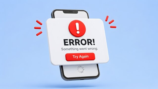 3D Mobile UI Error State Concept Smartphone with Red Warning Pop Up Notification and Try Again Button