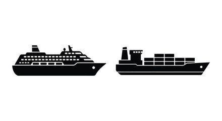 Cruise ship and cargo vessel silhouettes against a white background silhouette © Mithon