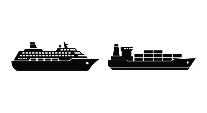 Cruise ship and cargo vessel silhouettes against a white background silhouette