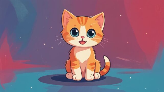 Cheerful 2D vector animated orange kitten smiling happily against colorful abstract artistic background for kids