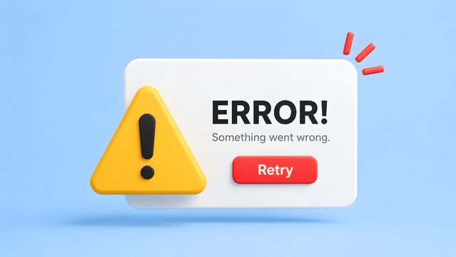 3D Yellow Warning Triangle Error Pop Up Notification Something Went Wrong Retry Button UI Design Concept
