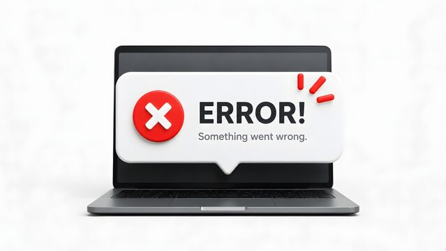 3D Laptop Error Speech Bubble Notification System Failure Something Went Wrong UI Warning Alert Concept