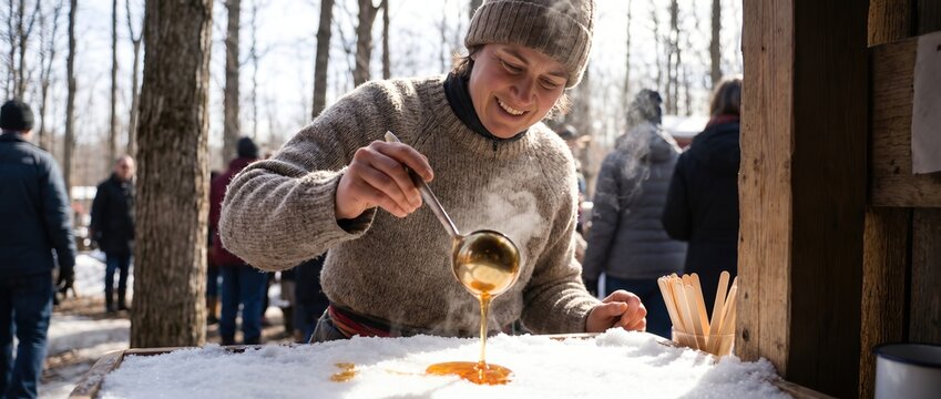 Woman pouring hot maple syrup onto fresh snow to make maple taffy. Traditional winter treat preparation at a sugar shack event in the woods. banner format