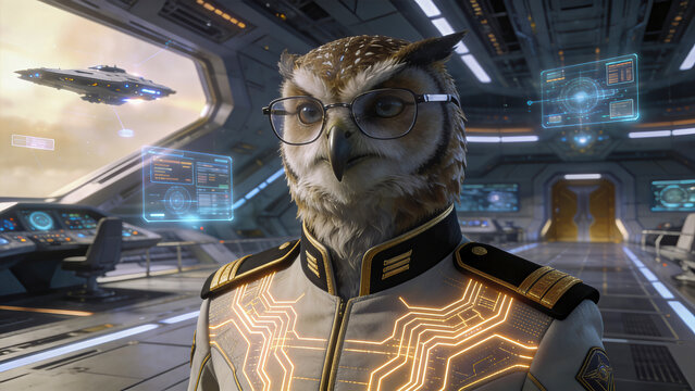 Intelligent owl captain in glasses piloting futuristic spaceship with holographic controls and sci-fi view outside