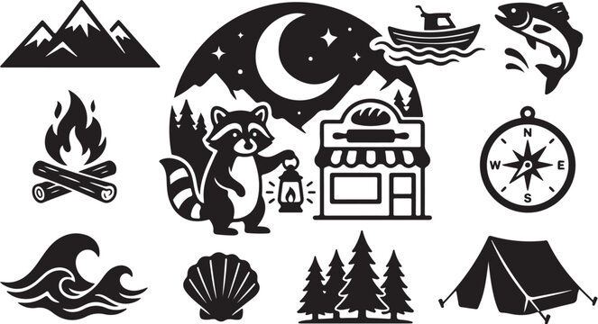 Camping and outdoor adventure icons and symbols set