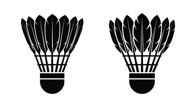 Two badminton shuttlecocks in black silhouette against a white background silhouette