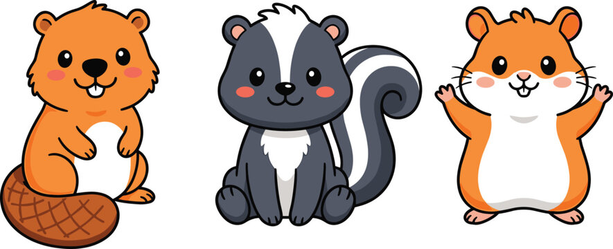 Cute cartoon woodland animal mascot character set featuring happy beaver smiling skunk and waving hamster isolated on white background flat vector illustration bundle