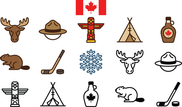 Canadian travel and national culture vector icon set with maple leaf flag beaver moose mountie hat ice hockey totem pole isolated on white background illustration