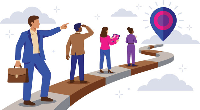 Businesspeople walk along a path toward a destination marker while planning their professional journey and future goals.