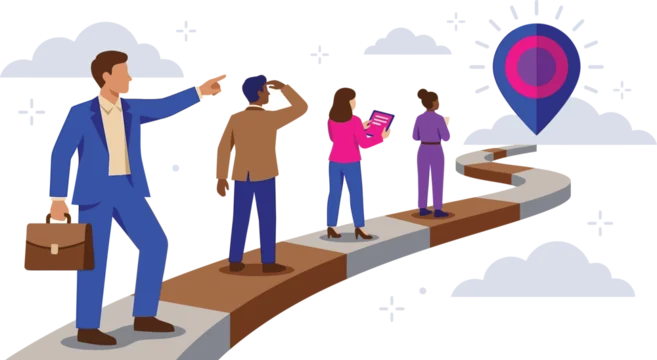 Businesspeople walk along a path toward a destination marker while planning their professional journey and future goals.