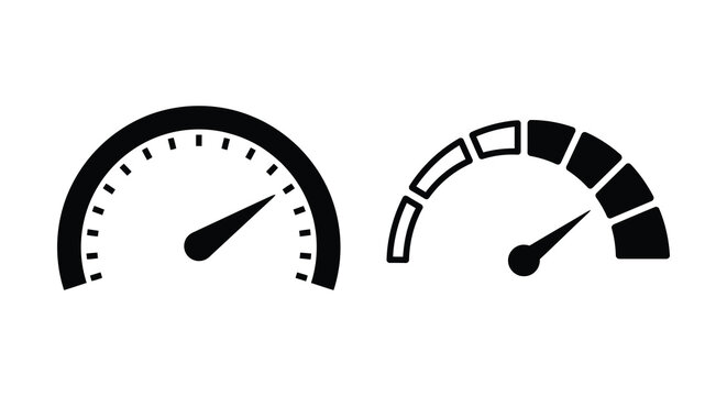 Two black speedometers with needle indicators isolated on a white background silhouette