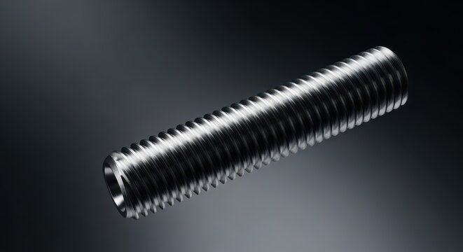 Closeup of a threaded metal stud bolt isolated on a dark background