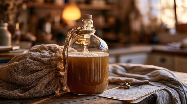 Cluttered wooden kitchen counter holds a glass fermentation jug, airlock bubbling, mesh grain bag draped over the edge to dry, printed recipe sheet weighted by a bottle capper, warm amber overhead l