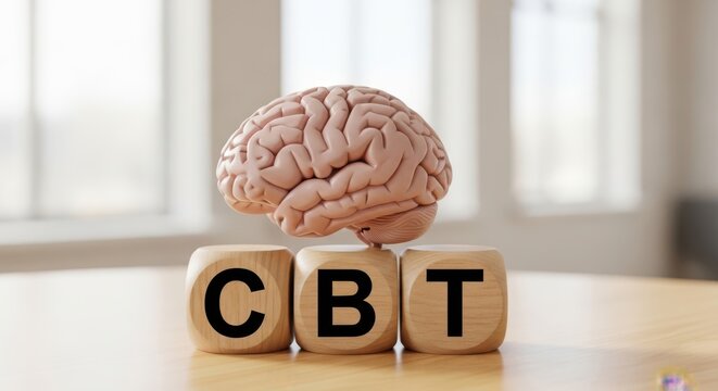 Cognitive behavioral therapy concept with a human brain model resting on wooden blocks spelling cbt on a table