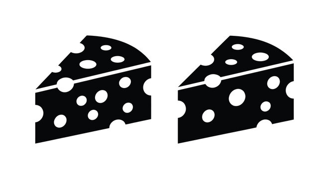 Two black cheese wedge silhouettes with holes on a white background silhouette