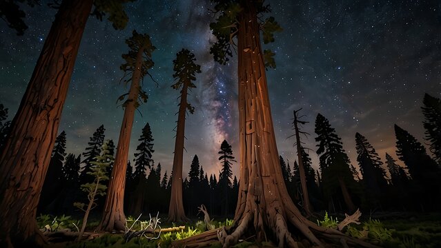 Low Angle View of Majestic Giant Sequoia Trees Under Beautiful Starry Night Sky and Milky Way Galaxy Astrophotography in Ancient Forest Wilderness at Night Nature Background