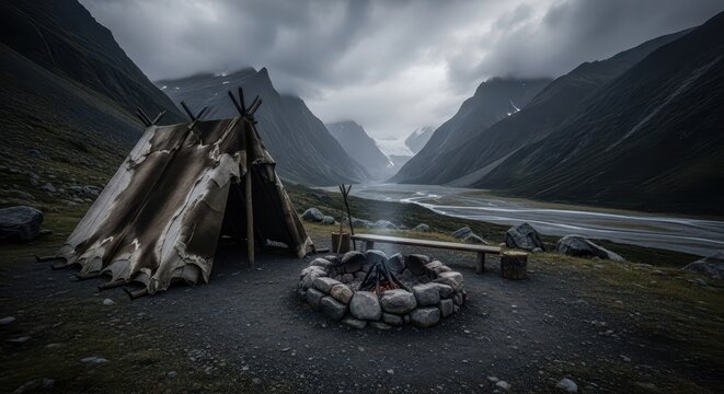 Traditional Nomadic Tent and Stone Fire Pit in a Dramatic Remote Mountain Valley Landscape