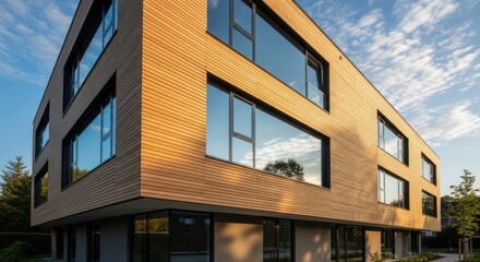 Obraz premium Modern office building with wooden facade and large glass windows at sunset