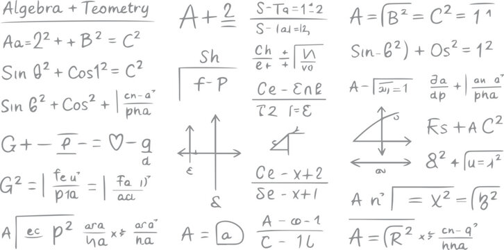 Vintage vector design of hand-drawn math and physics formulas on a black chalkboard texture, featuring school education symbols, line sketches, and mathematical signs in an outline pattern