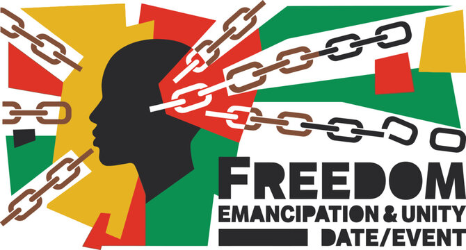 Silhouette profile head graphic incorporates broken iron chains to symbolize historical emancipation and the pursuit of human freedom.