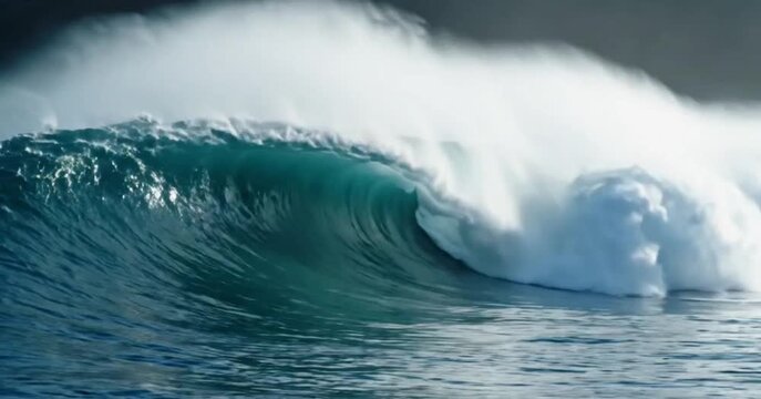 Cinematic slow motion of a massive turquoise ocean wave crashing and curling into a perfect barrel tube