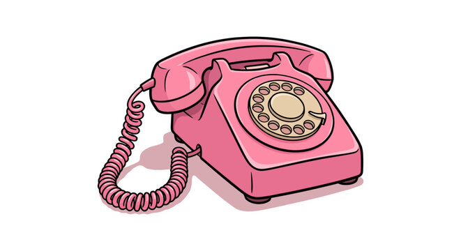 Retro pink rotary dial telephone illustration with coiled cord