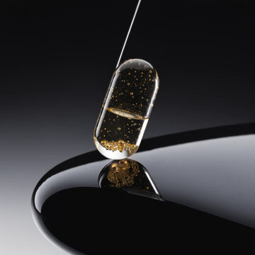 Clear Cosmetic Gel Capsule with Golden Microbubbles Balancing Elegantly on Curved Glossy Surface over Dark Studio Background