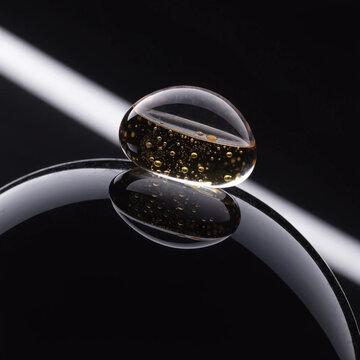 Macro Shot of Golden Cosmetic Oil Serum Droplet with Microbubbles Balancing on Spherical Glass Surface over Black Background