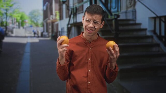 Young man holding two oranges and smiling while presenting fruit on a street with stone steps and blurred pedestrians; playful curiosity.