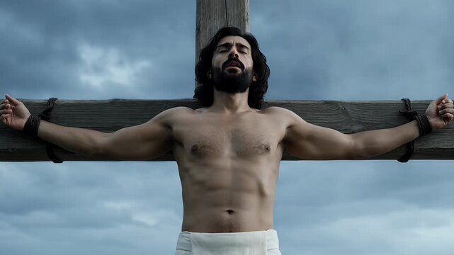 Dramatic biblical scene of Jesus Christ crucified on wooden cross outdoors