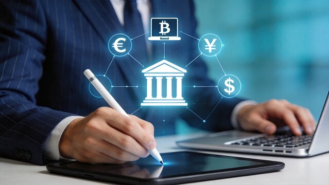Businessman using tablet with digital banking icons, cryptocurrency bitcoin symbol and global currency exchange network hologram for financial technology concept