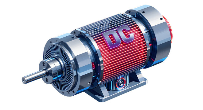Industrial DC electric motor with metallic chrome finish, high performance direct current engine for manufacturing, powerful electrical machinery