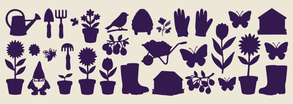 gardening tool icon silhouette, garden maintenance shape collection, planting equipment icon set, lawn yard tool silhouette, spring garden work icon, garden hobby tool shape, premium vector gardening 