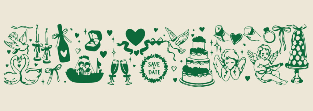 save the date wedding, marriage celebration icon set, wedding cake line art, romantic couple wedding icon, save the date graphic, wedding party element set, premium vector wedding asset
save, the, dat