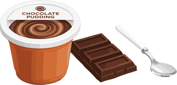 Delicious chocolate pudding plastic cup vector illustration featuring creamy open swirl tub with dark candy bar pieces and silver spoon isolated on white background