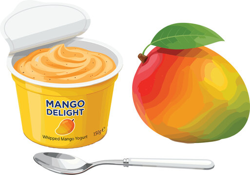 Delicious mango delight yogurt plastic cup vector illustration featuring creamy open swirl tub with metal spoon and fresh ripe tropical fruit isolated on white background