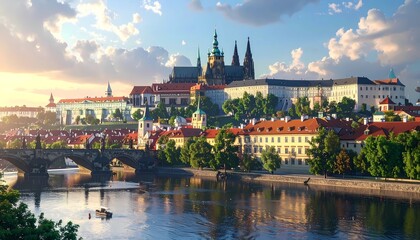 Fototapeta premium Panoramic view of Prague Castle at sunset over Vltava River with historic architecture