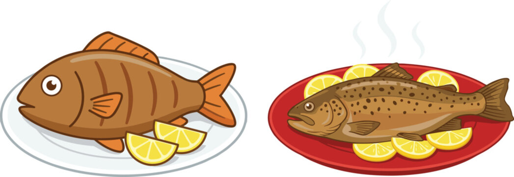 Delicious grilled fish vector set featuring fried cartoon sea bream and steaming hot baked salmon trout with lemon slices served on plates isolated on white background illustration