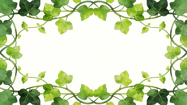 is a digital illustration featuring a rectangular border design with a nature-inspired theme. The layout consists of a white central area surrounded by a frame of green vine leaves. The vines are intr