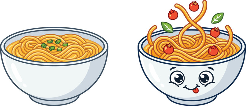 Cute cartoon noodle bowl vector set featuring simple spaghetti soup with scallions and funny smiling pasta mascot character with tomatoes isolated on white background illustration