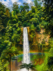 Fototapeta premium Beautiful oil painting illustration of a tropical waterfall with a rainbow in the jungle