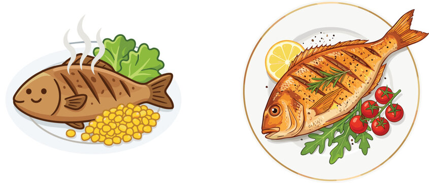 Delicious grilled fish vector set featuring cute cartoon smiling fish with corn and premium hand drawn sea bream with lemon and cherry tomatoes isolated on white background illustration