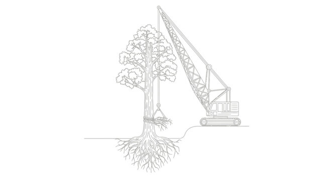 Crane lifting large tree with root ball for transplanting, illustration