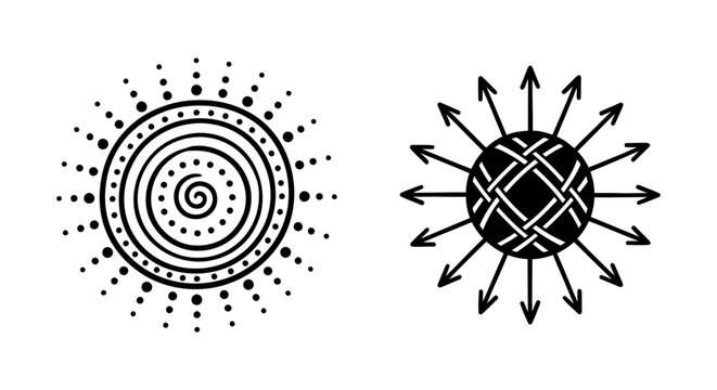 Abstract Spiral and Starburst Symbols with Concentric Circles and Rays