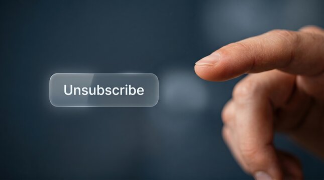 Human finger reaching to press a glass glowing Unsubscribe button. Digital privacy and email marketing opt-out concept, 3D render with copy space.