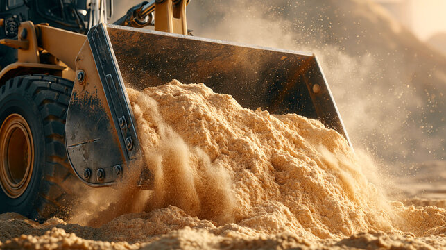 Close-up of a construction loader bucket spilling a stream of dry sand on a dusty construction site. Construction and earthworks concept.