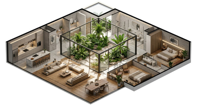 Isometric view of a modern apartment featuring a central atrium with lush greenery, comfortable living spaces, and private bedrooms