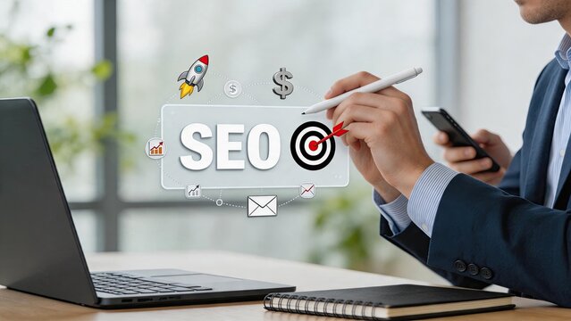 Man writing SEO text on virtual screen with rocket and target icons, search engine optimization strategy, digital marketing planning, business growth concept, increasing traffic