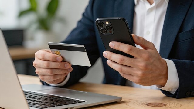 Man holding credit card and smartphone making secure online payment or shopping transaction, modern e-commerce banking concept on wooden desk with laptop computer background.