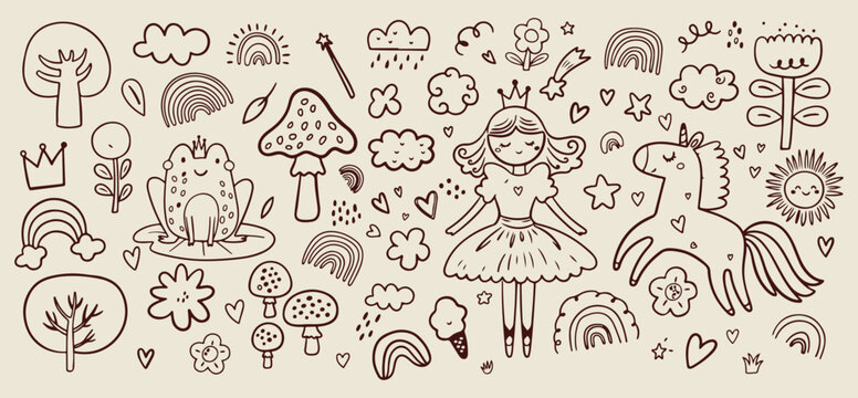 whimsical forest doodle set, cute meadow nature sketches, minimalist garden flower icons, clean magical forest art, simple whimsical graphic set, trendy forest doodle icons, premium vector nature art
